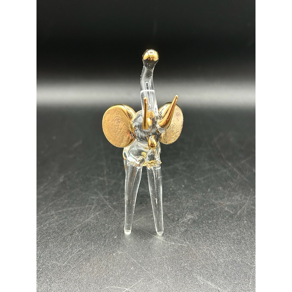 Clear Glass Elephant 24k Gold Trim Hand Blown Art Glass Ornament Figurine Decor - Picture 5 of 7